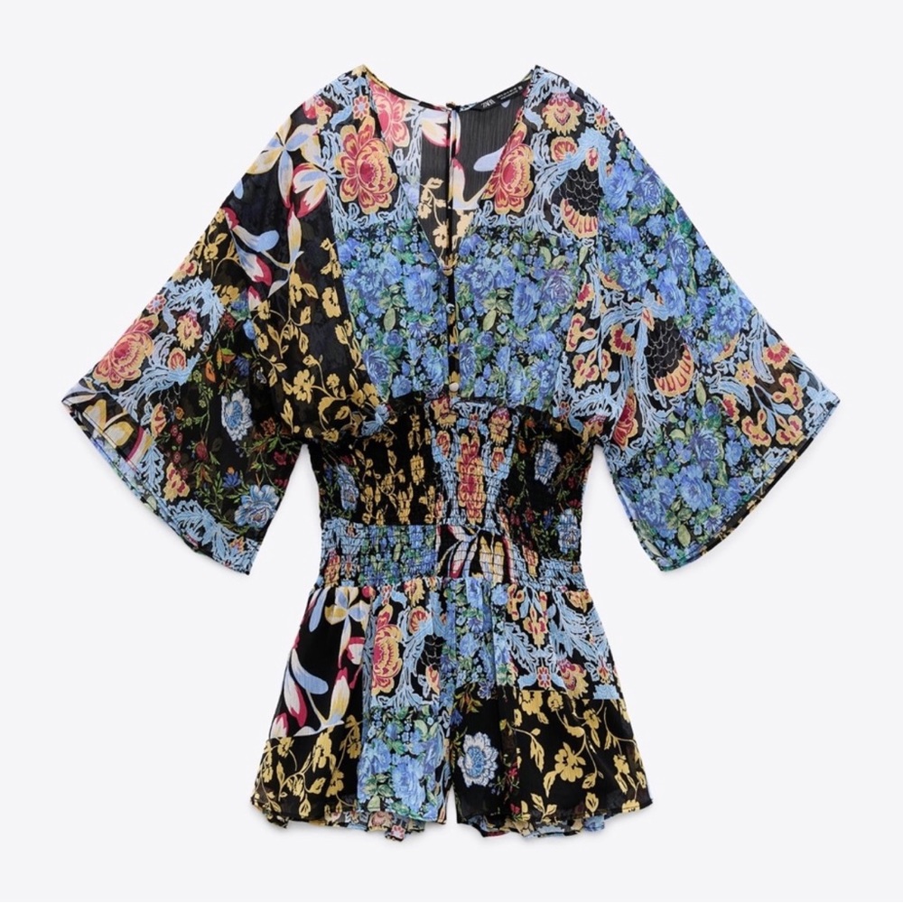 ZARA Romper Sheer Floral Patchwork Boho Kimono Smocked Waist Playsuit L